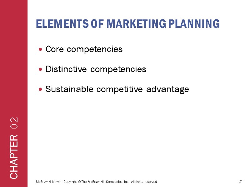 ELEMENTS OF MARKETING PLANNING Core competencies Distinctive competencies  Sustainable competitive advantage McGraw Hill/Irwin